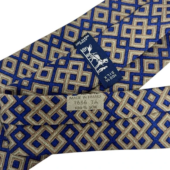 Hermes Men's Tie Geometric Navy Blue & Olive Green Silk 7656 TA 3.5 (W) 58 (L)